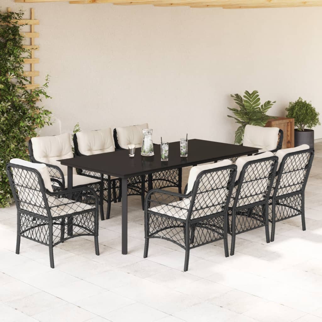 foto del prodotto set da pranzo da giardino 9 pz con cuscini nero in polyrattan