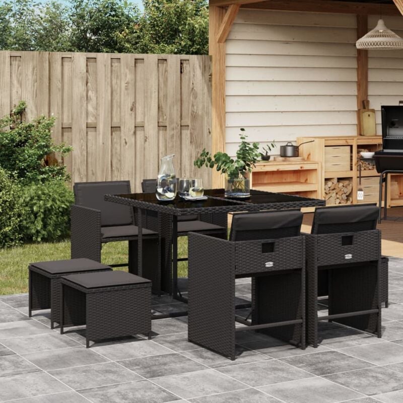 foto del prodotto set da pranzo da giardino 9 pz con cuscini nero in polyrattan vidaxl