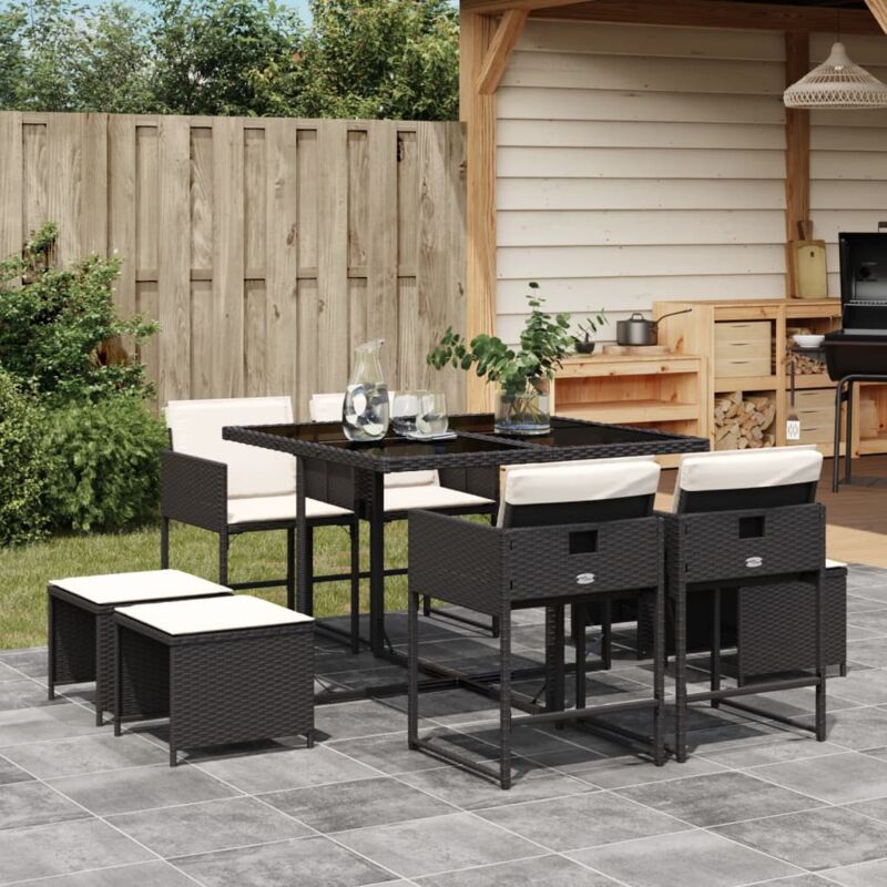 foto del prodotto set da pranzo da giardino 9 pz con cuscini nero in polyrattan vidaxl