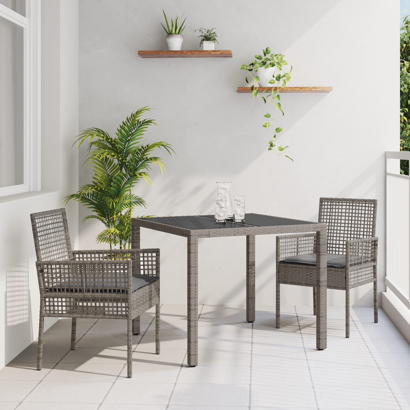 foto del prodotto set da pranzo da giardino a 3 pezzi con cuscini grigio in polyrattan