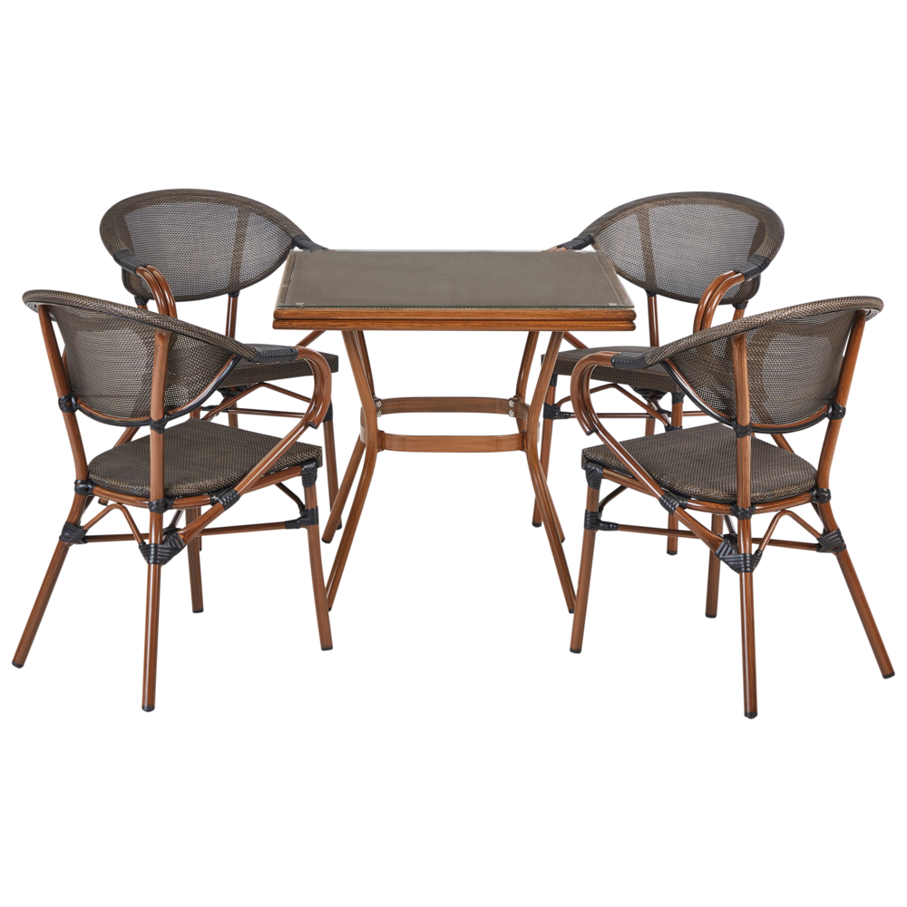 foto del prodotto set da pranzo da giardino a 4 posti tavolo quadrato con struttura in alluminio in legno scuro e sedie impilabili grigie