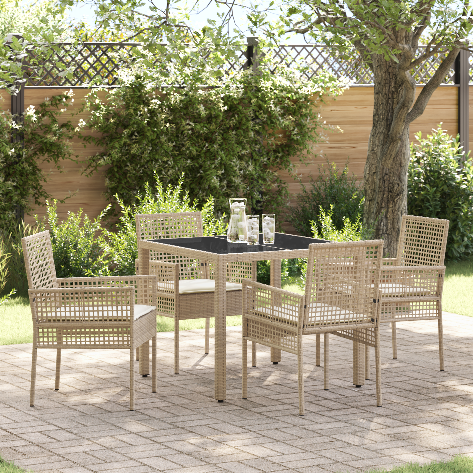 foto del prodotto set da pranzo da giardino a 5 pezzi con cuscini beige in polyrattan
