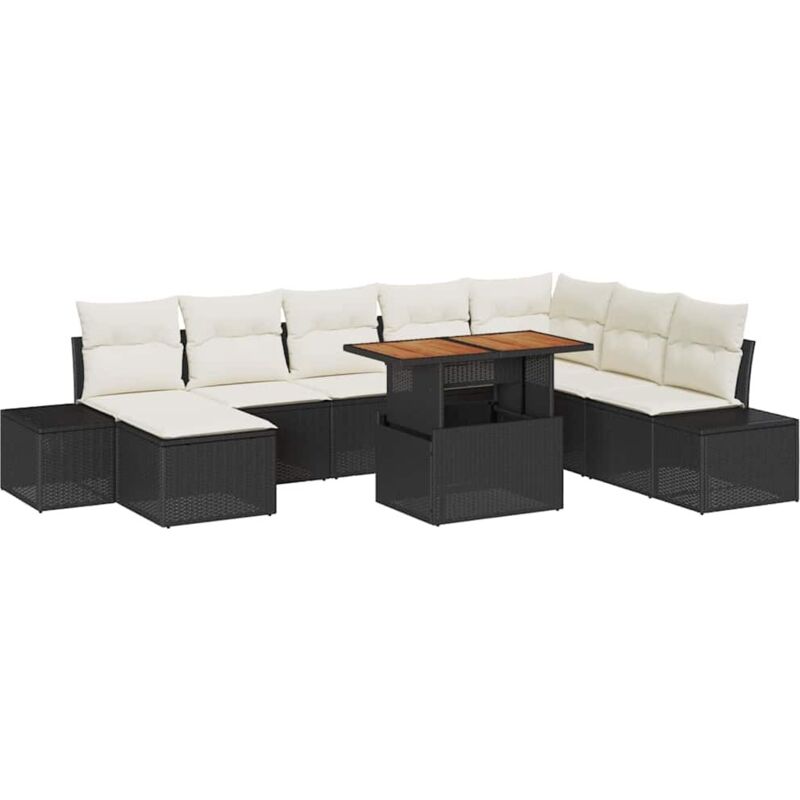 foto del prodotto set da pranzo da giardino a 9 pezzi con cuscini in polirattan nero e acacia vidaxl