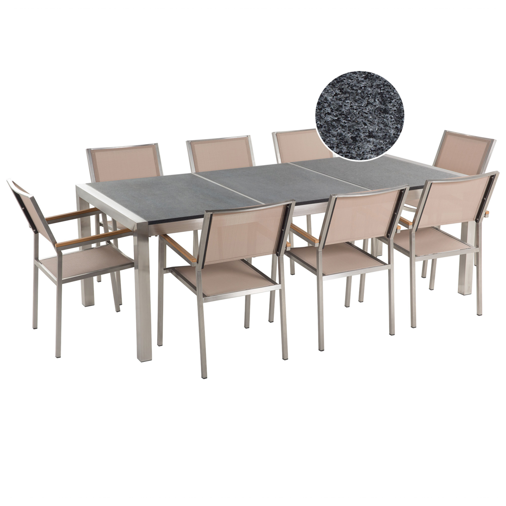 foto del prodotto set da pranzo da giardino beige con piano in granito grigio 8 posti 220 x 100 cm