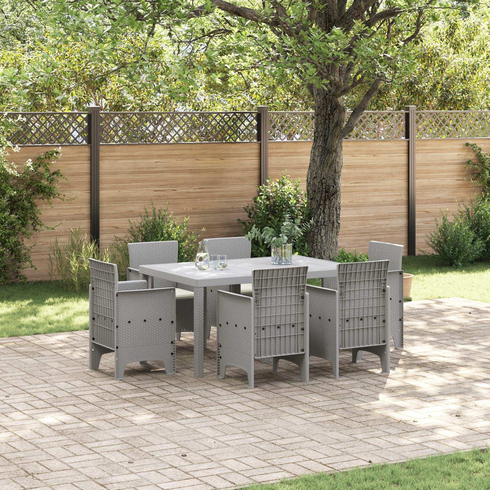 foto del prodotto set da pranzo da giardino con cuscini grigio chiaro polyrattan