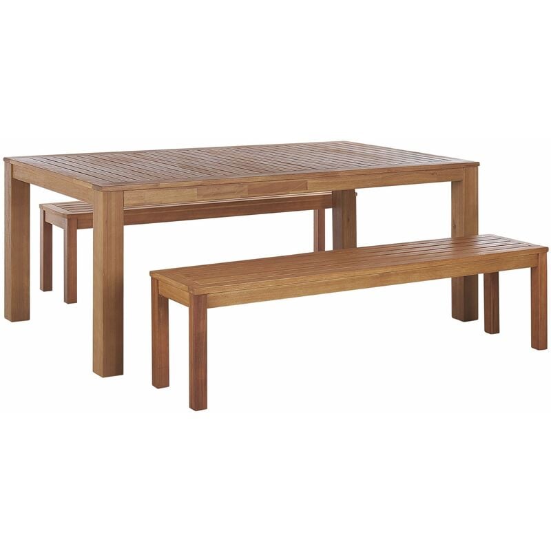 foto del prodotto set da pranzo da giardino con tavolo e 2 panche per 6 persone in legno di eucalipto naturale monsano
