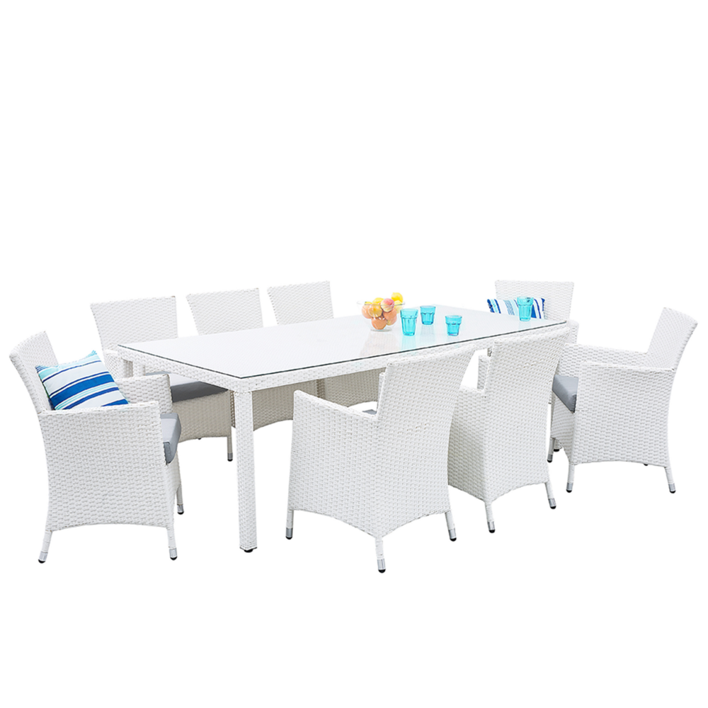 foto del prodotto set da pranzo da giardino con tavolo e 8 sedie con cuscini in simil rattan bianco