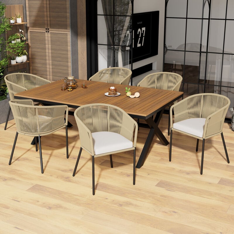 foto del prodotto set da pranzo da giardino da 7 pezzi, set da giardino in corda, 6 poltrone e 1 tavolo, tavolo in legno di acacia, con poggiapiedi e sei cuscini di