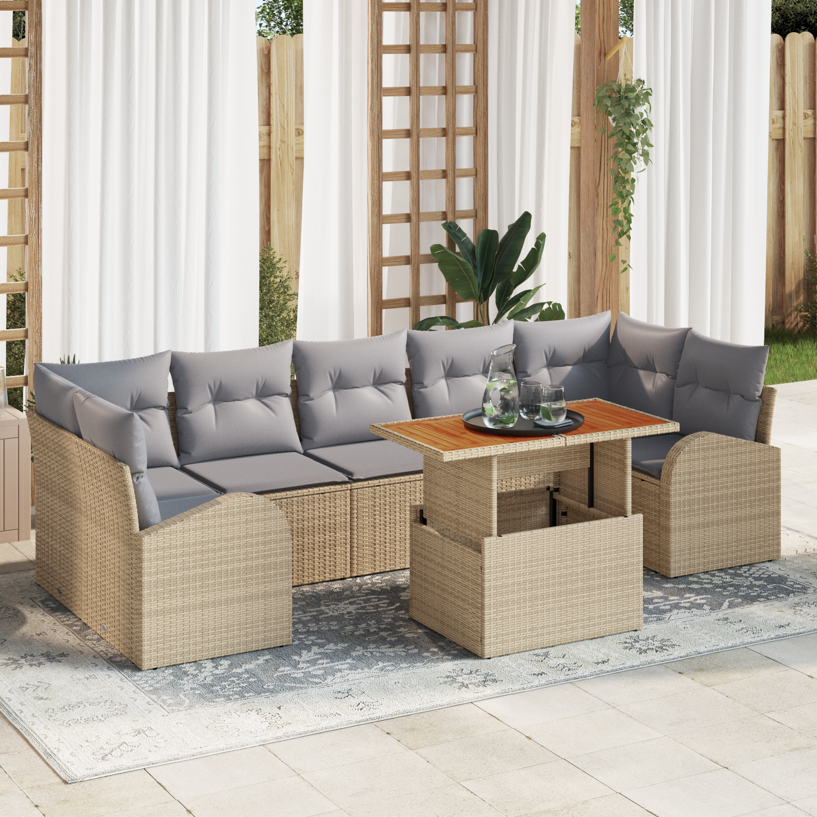 foto del prodotto set da pranzo da giardino da 8 pezzi con cuscini beige rattan sintetico acacia