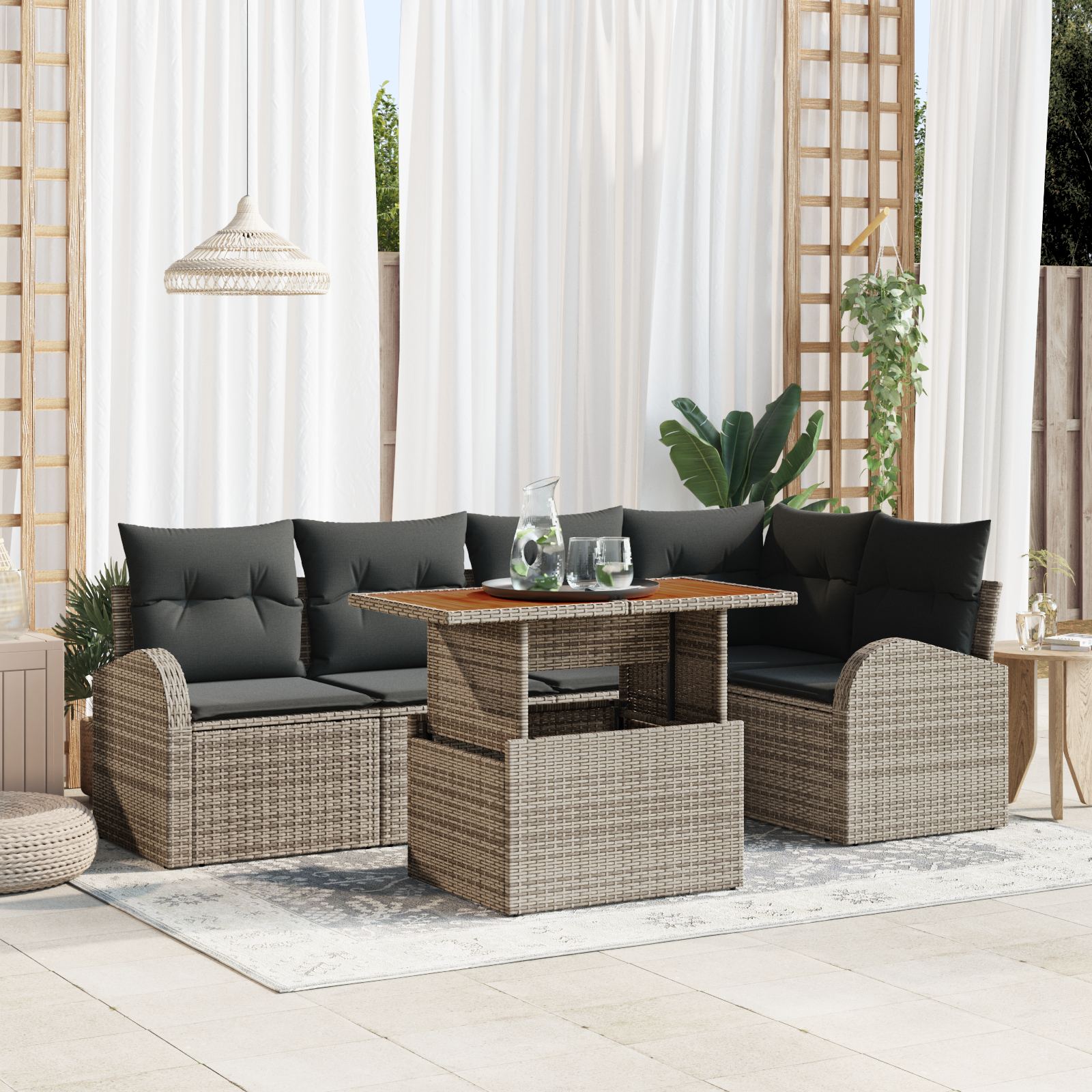 foto del prodotto set da pranzo da giardino di 6 pezzi con cuscini grigio in polyrattan e acacia