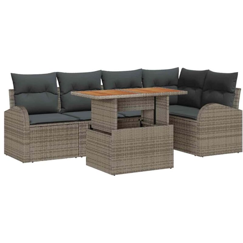 foto del prodotto set da pranzo da giardino di 6 pezzi con cuscini grigio in polyrattan e acacia vidaxl