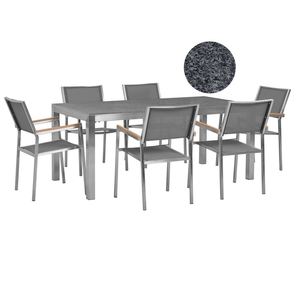 foto del prodotto set da pranzo da giardino grigio con piano in granito grigio 6 posti 180 x 90 cm