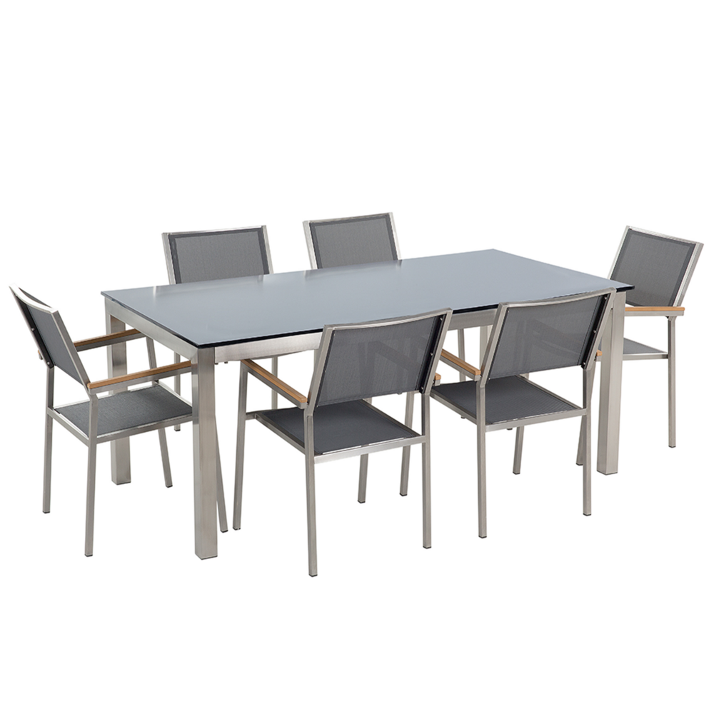 foto del prodotto set da pranzo da giardino grigio con piano in vetro nero 6 posti 180 x 90 cm