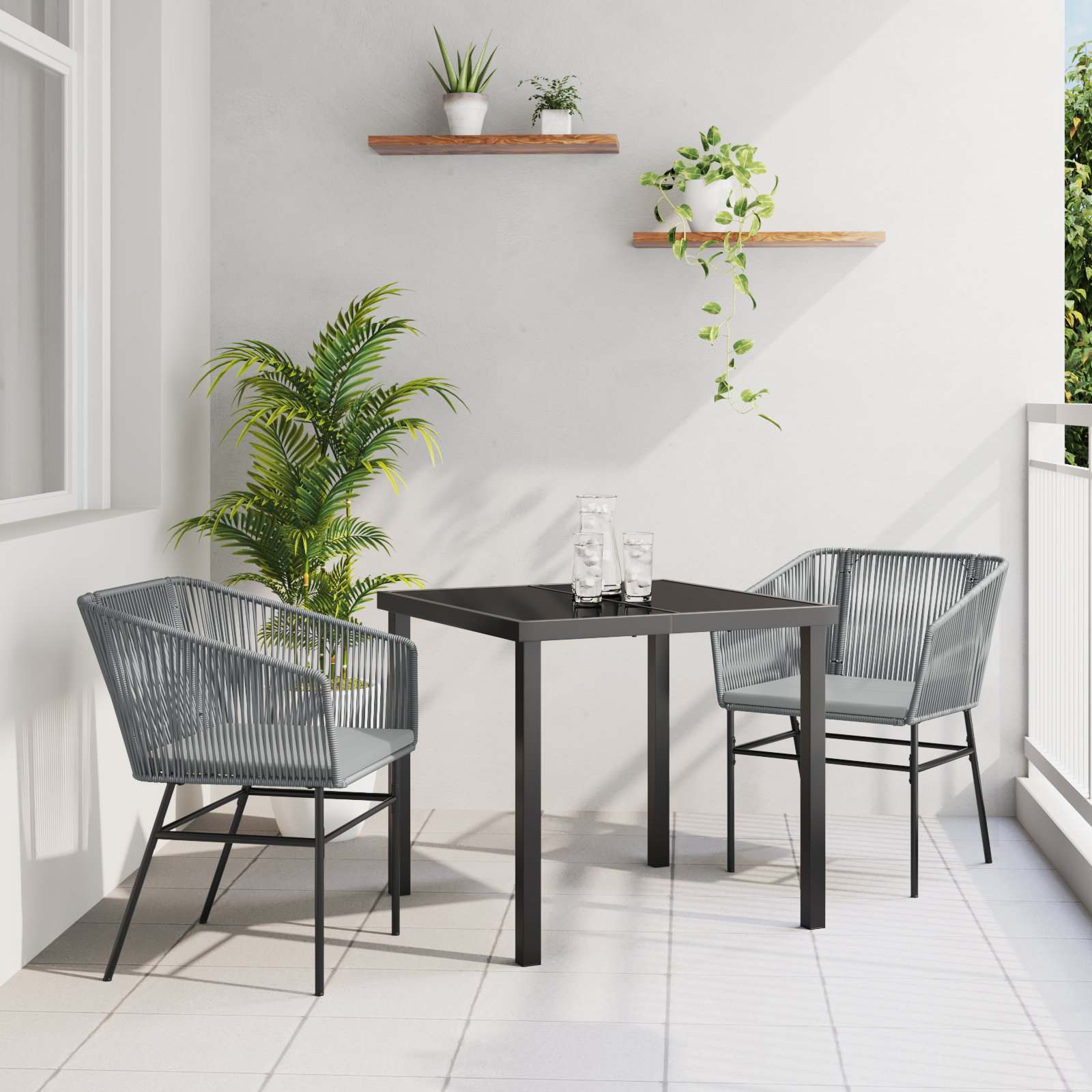 foto del prodotto set da pranzo da giardino in 3 pezzi con cuscini in polyrattan grigio