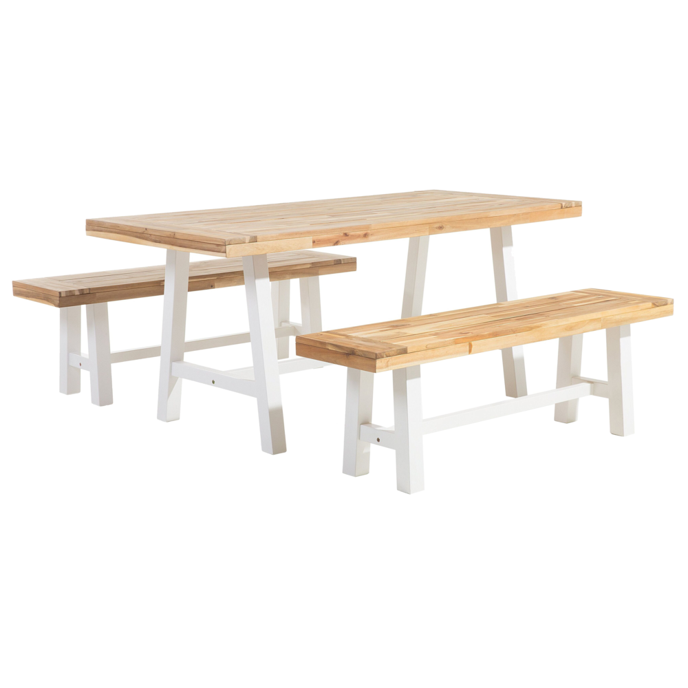 foto del prodotto set da pranzo da giardino piano in legno chiaro gambe bianche da esterno 3 pezzi tavolo rettangolare in legno di acacia 2 panche