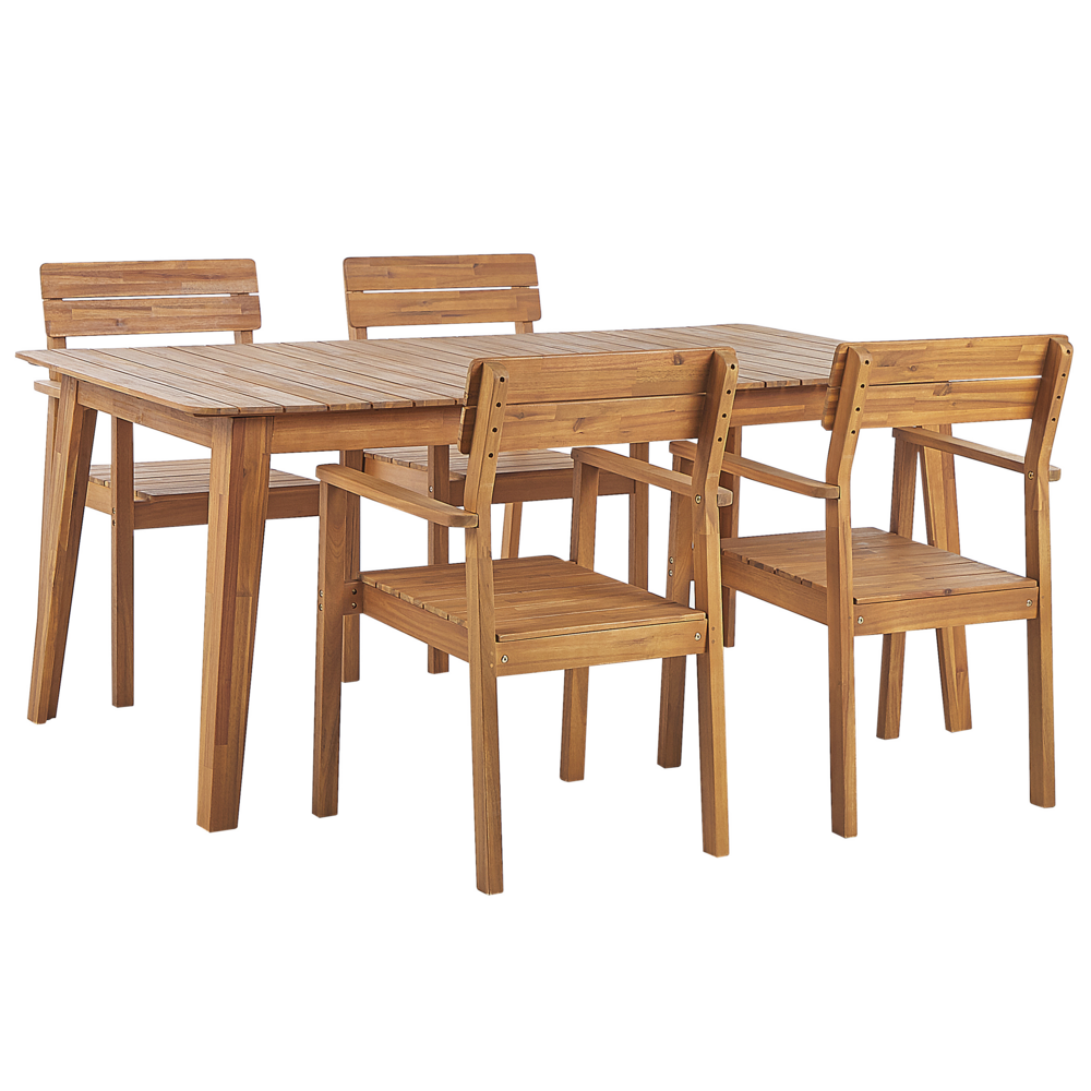 foto del prodotto set da pranzo da giardino tavolo in legno di acacia chiaro 180 x 90 cm 4 sedie da esterno con braccioli stile rustico