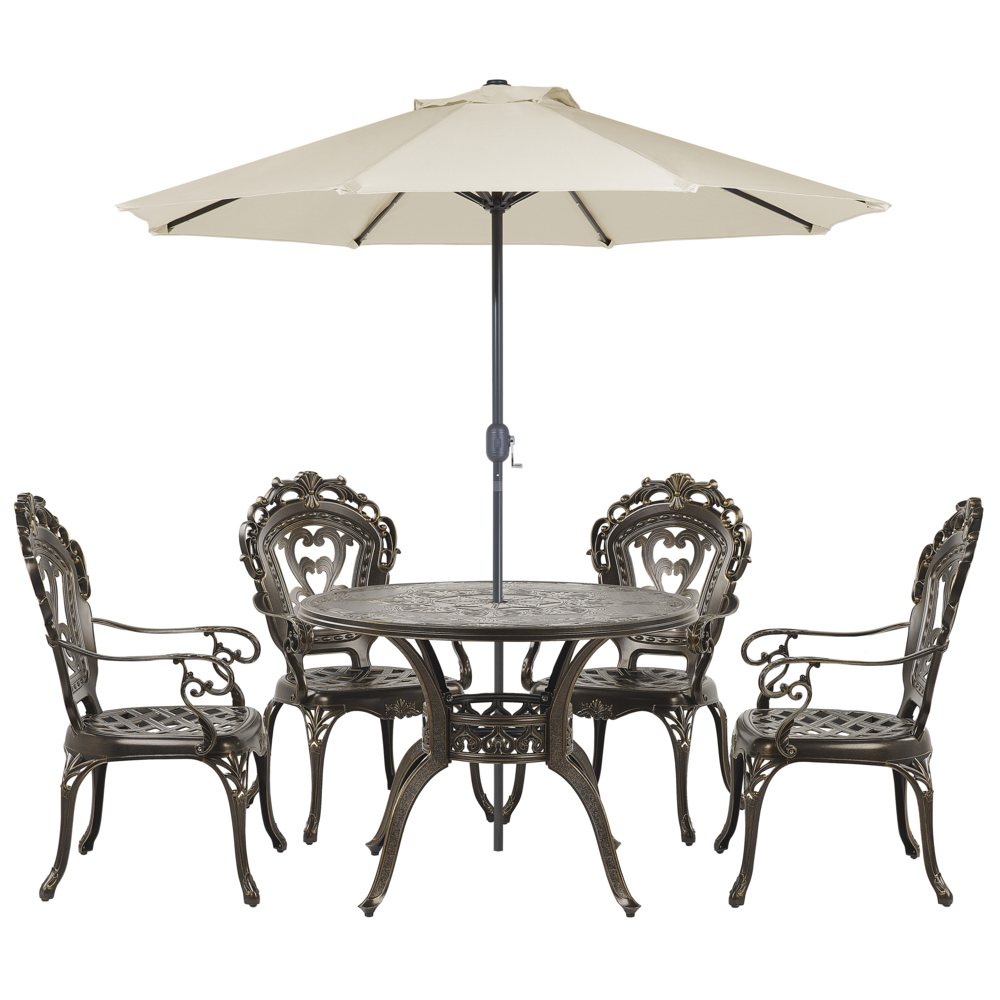 foto del prodotto set da pranzo da giardino tavolo rotondo da esterno alluminio marrone e ombrellone 4 sedie vintage
