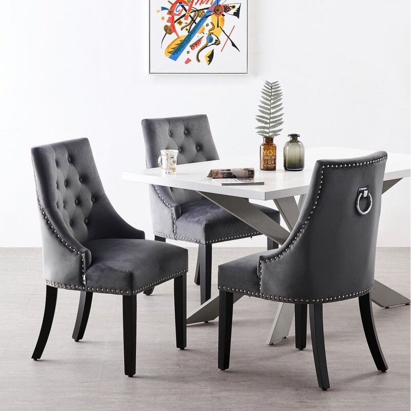 foto del prodotto set da pranzo duke lux windsor un tavolo da pranzo in legno bianco e un set di 4 sedie da pranzo in velluto grigio scuro sala da pranzo cucina