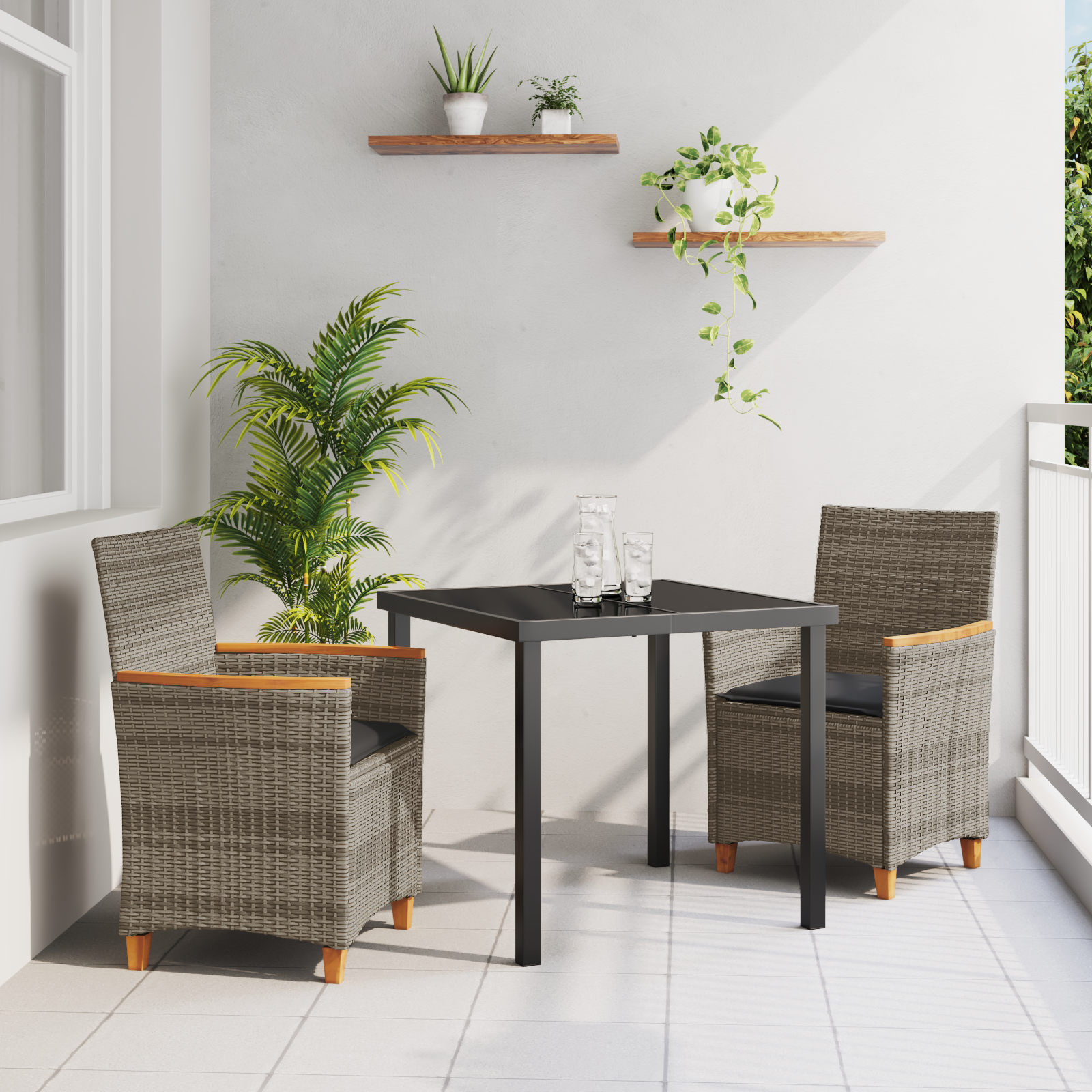 foto del prodotto set da pranzo giardino 3 pezzi con cuscini grigio rattan polyrattan