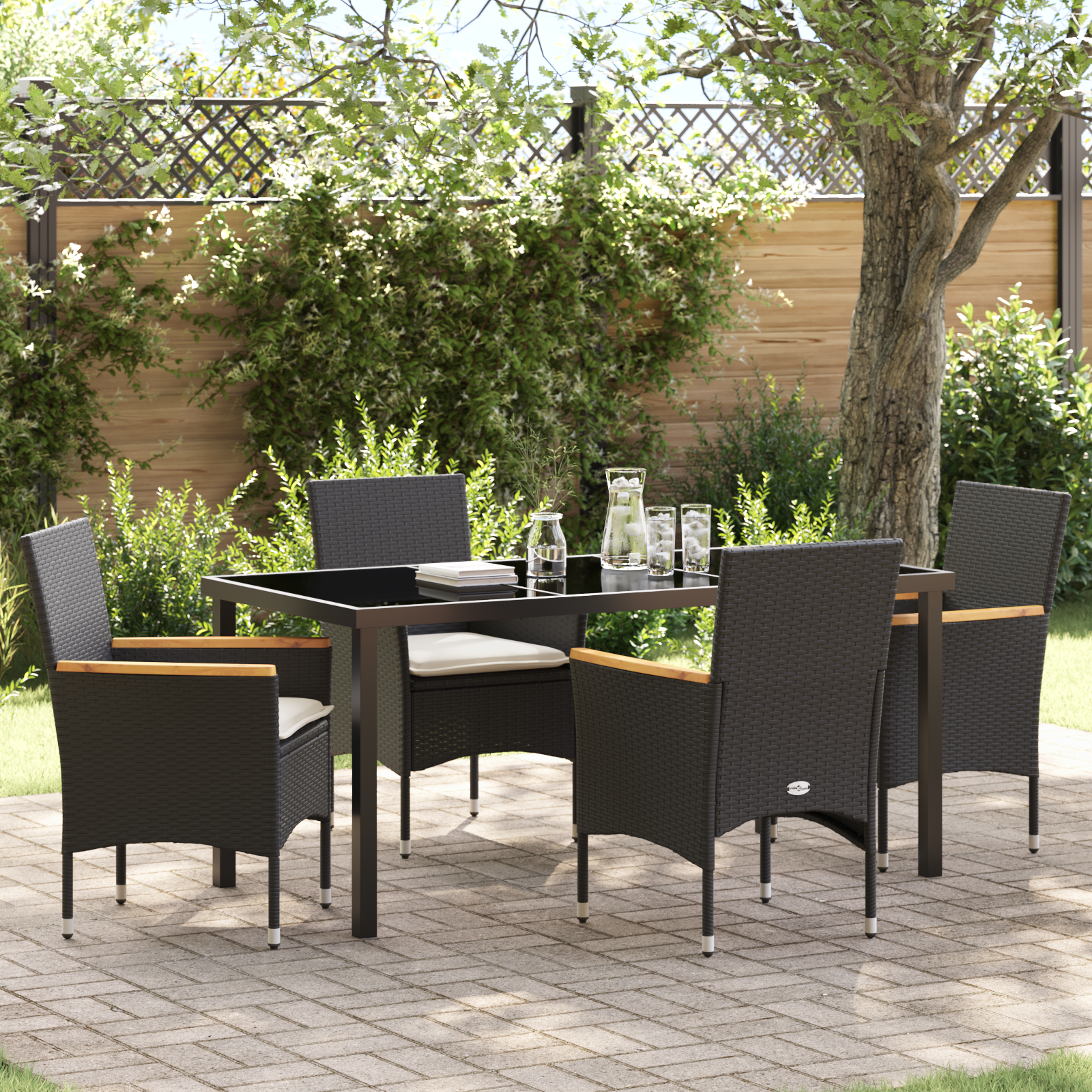 foto del prodotto set da pranzo giardino 5 pezzi con cuscini polyrattan nero