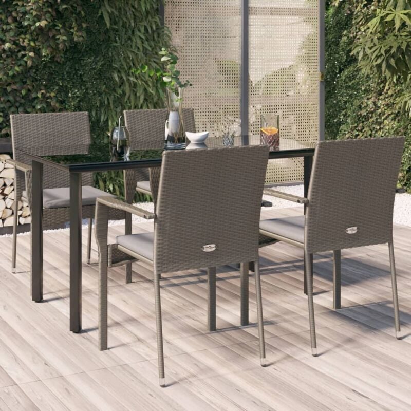 foto del prodotto set da pranzo giardino 5pz nero e grigio con cuscini polyrattan