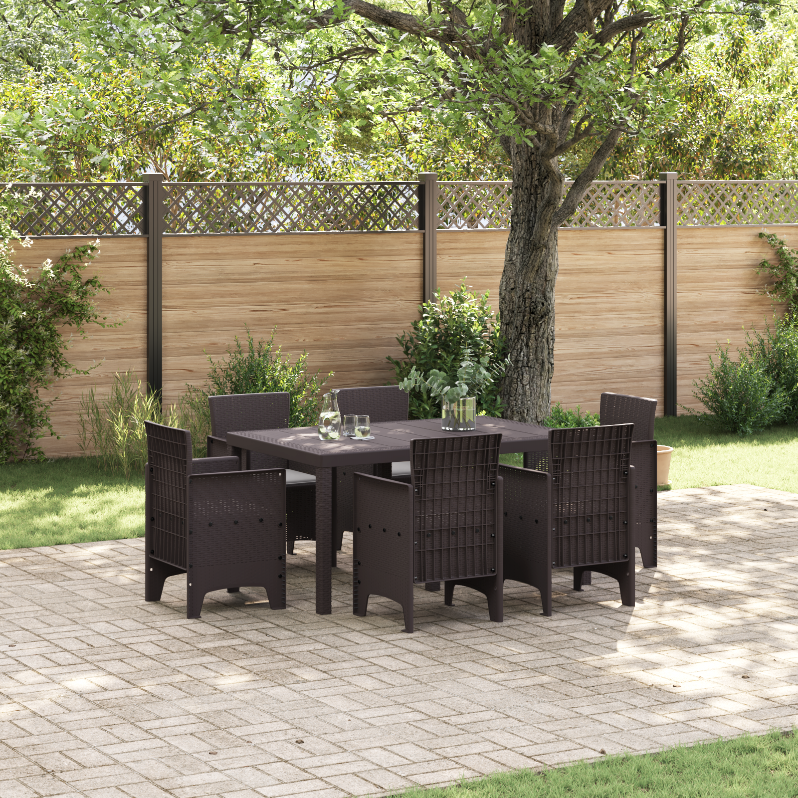 foto del prodotto set da pranzo giardino 7 pezzi con cuscini marrone polyrattan