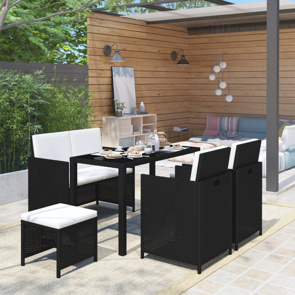 foto del prodotto set da pranzo per esterni 6 pz con cuscini in polyrattan nero cod mxl 35535