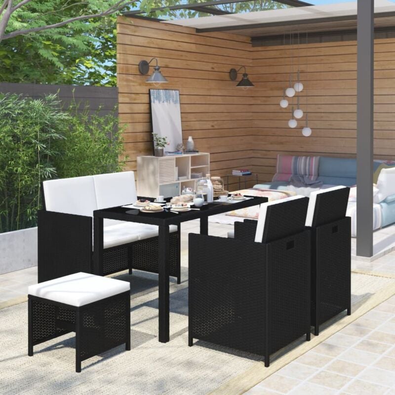foto del prodotto set da pranzo per esterni 6 pz con cuscini in polyrattan nero vidaxl