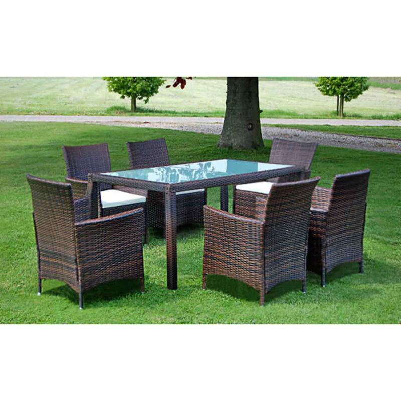 foto del prodotto set da pranzo per esterni 7 pz con cuscini in polyrattan grigio colore marrone