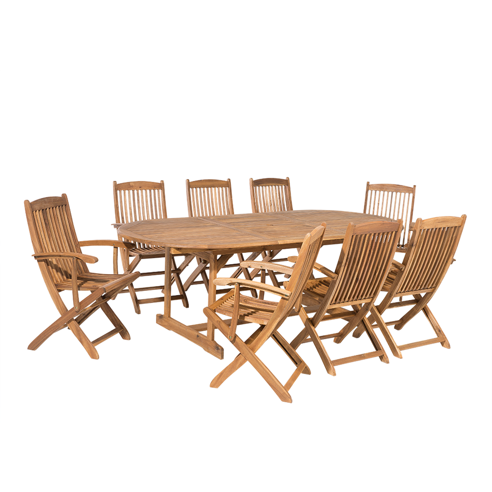 foto del prodotto set da pranzo per esterni in legno di acacia chiaro tavolo da 8 posti sedie pieghevoli design rustico
