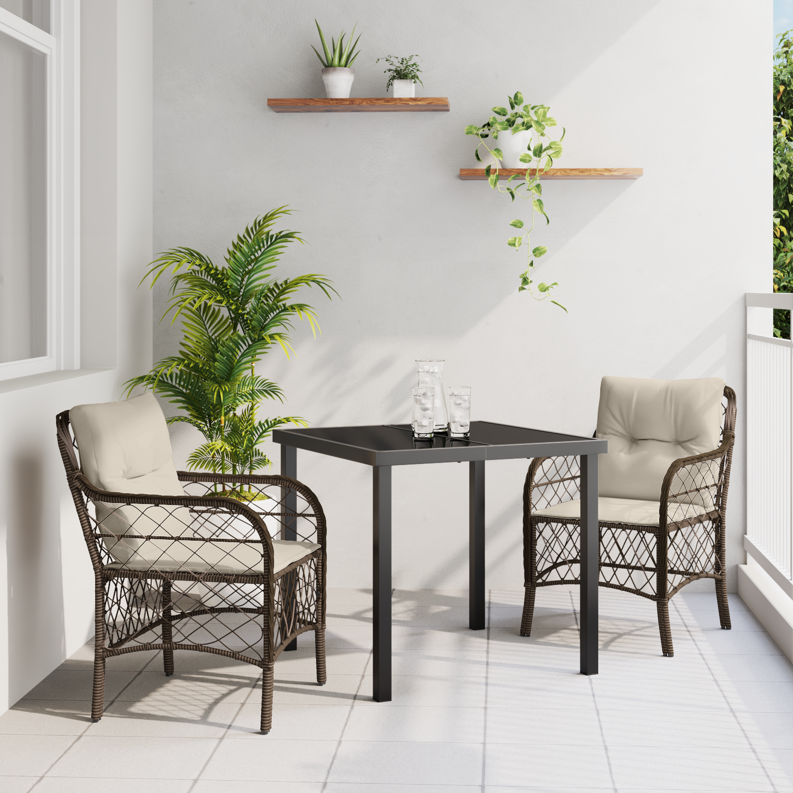 foto del prodotto set da pranzo per giardino 3 pezzi con cuscini rattan poliestere marrone