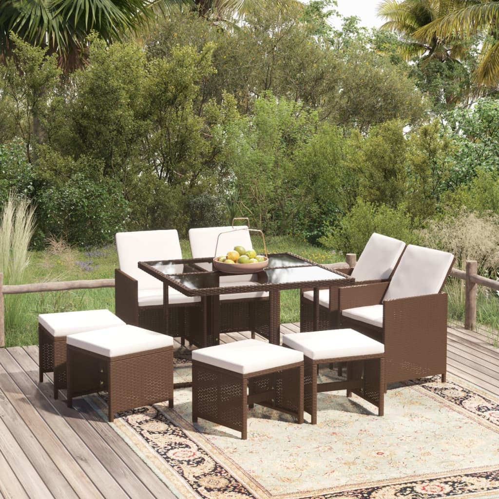 foto del prodotto set da pranzo per giardino 9 pz con cuscini polyrattan marrone cod mxl 38857