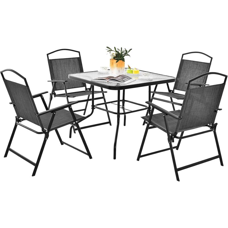 foto del prodotto set da pranzo per giardino con 4 posti, set di sedie pieghevoli e tavolo da pranzo con foro ombrellone, piano tavolo in vetro temperato, per