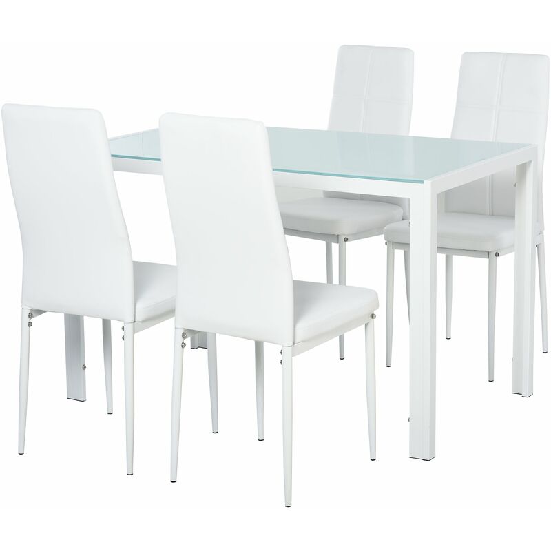 foto del prodotto set da pranzo tavolo con piano in vetro e 4 sedie in metallo e similpelle bianco