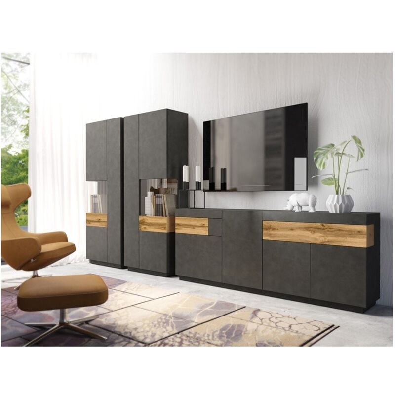 foto del prodotto set da salotto con vetrina e buffet collezione kiles. colori grigio antracite e rovere.