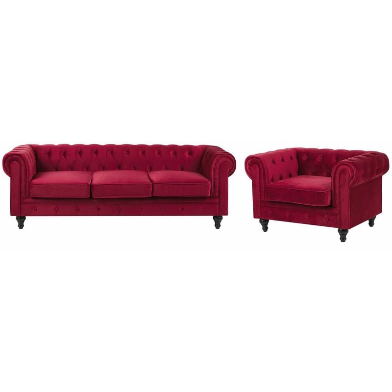foto del prodotto set da salotto divano poltrona chesterfield velluto rosso gambe nere chesterfield