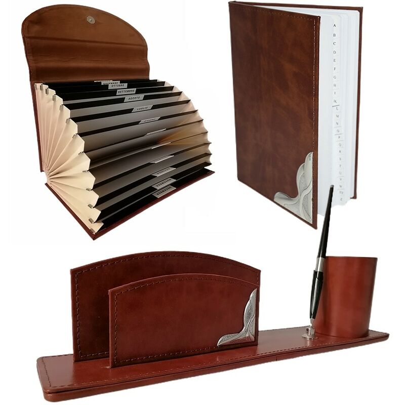 immagine 0 del prodotto set da scrivania ufficio agenda rubrica telefonica portadocumenti organizer soffietto 12 tasche in pelle con placca in argento