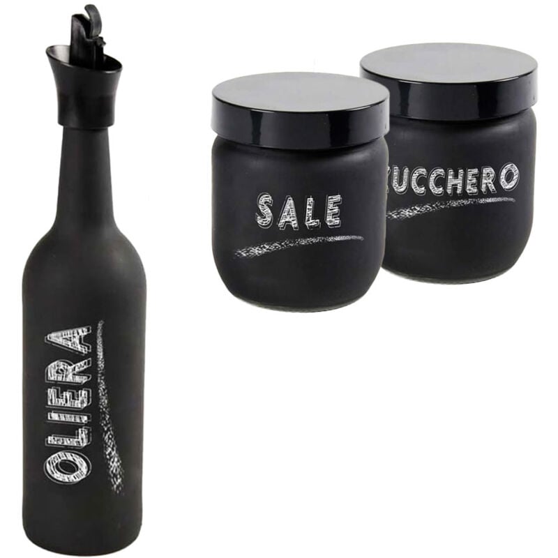 foto del prodotto set da tavola con oliera. barattolo di sale e zucchero in vetro satinato nero