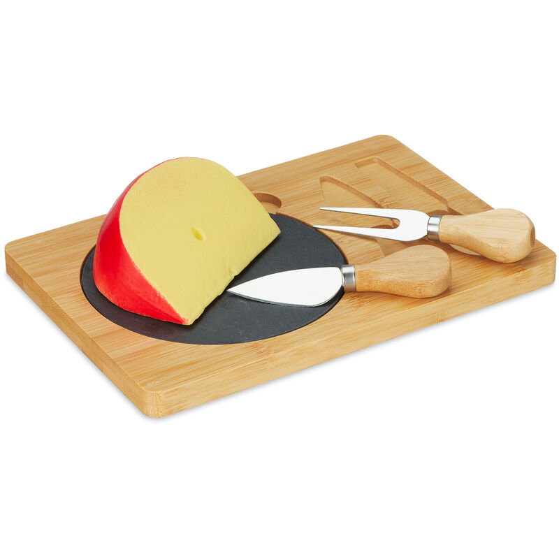 foto del prodotto set da tavola, vassoio in bamb e 2 posate formaggio, piatto tagliere per aperitivo, 25 x 17 cm, marrone nero relaxdays