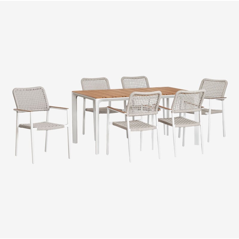 foto del prodotto set da tavolo rettangolare in alluminio e legno di teak 160x90 cm katiana e 6 sedie in alluminio e corda intrecciata nediam sklum