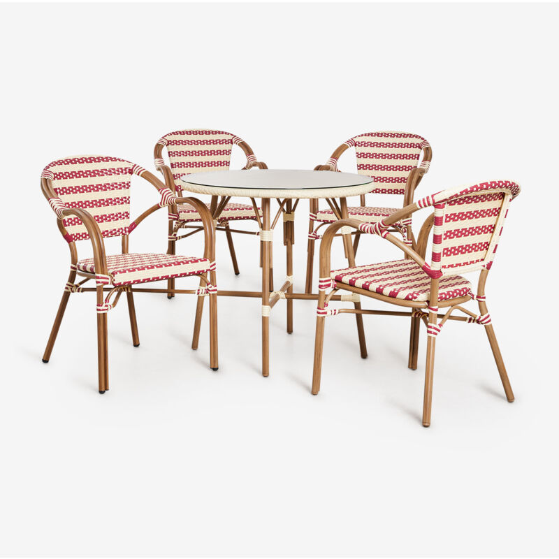 foto del prodotto set da tavolo rotondo 80 cm brielle bistro e 4 sedie con braccioli in rattan sintetico e alluminio solange bistro sklum