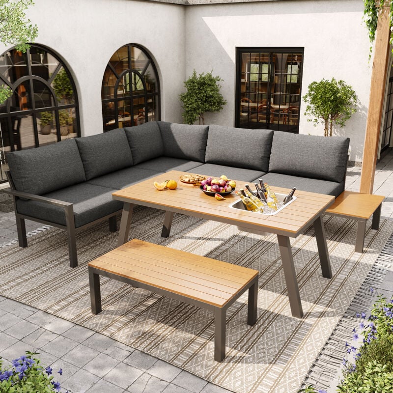 foto del prodotto set da terrazzo 2 divani 1 poltrona 1 tavolo con secchiello per il ghiaccio 1 panca 6 posti, adatto per terrazza giardino, metallo, grigio