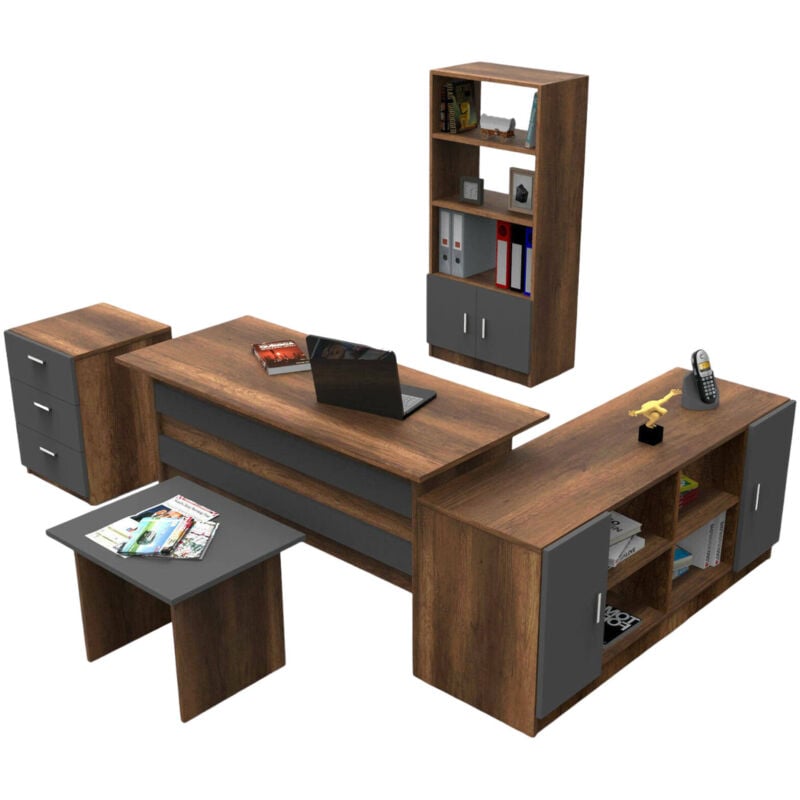 foto del prodotto set da ufficio hilda, composizione da studio, kit ufficio, set scrivania e cassettiera, noce e antracite dmora