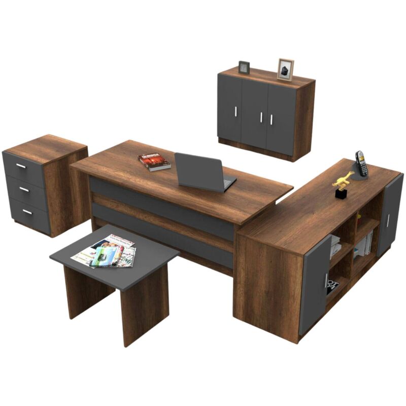 foto del prodotto set da ufficio nari, composizione da studio, kit ufficio, set scrivania e cassettiera, noce e antracite - dmora