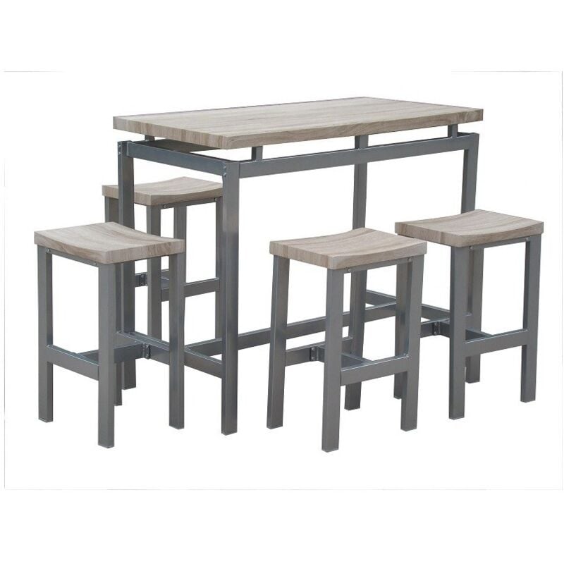 foto del prodotto set design tavolo alto, bar 4 sgabelli le mans. set moderno stile industriale, legno e metallo.