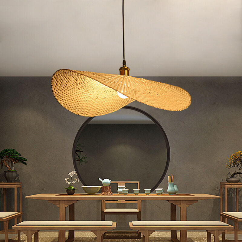 foto del prodotto set di 1 lampada a sospensione in bamb intrecciato a mano, lampada da soffitto a cappello singolo, lampada in bamb naturale per sala da pranzo,