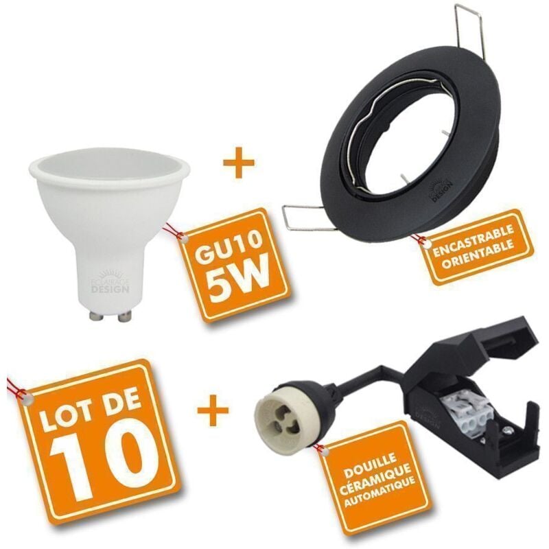 foto del prodotto set di 10 faretti led ad incasso totale orientabili neri con lampadina gu10 230v 5w temp rature de couleur bianco caldo 2700k