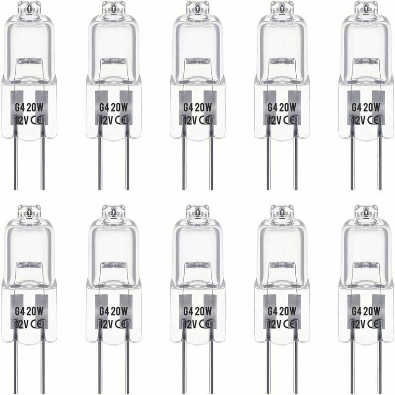 foto del prodotto set di 10 lampadine alogene g4 da 12v e 20w. queste lampadine emettono luce bianca calda 3000k, con una luminosit di 350 lumen. sono dimmerabili e