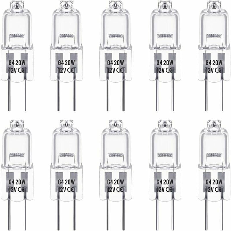 foto del prodotto set di 10 lampadine alogene g4 da 12v e 20w. queste lampadine emettono luce bianca calda 3000k, con una luminosit di 350 lumen. sono dimmerabili e
