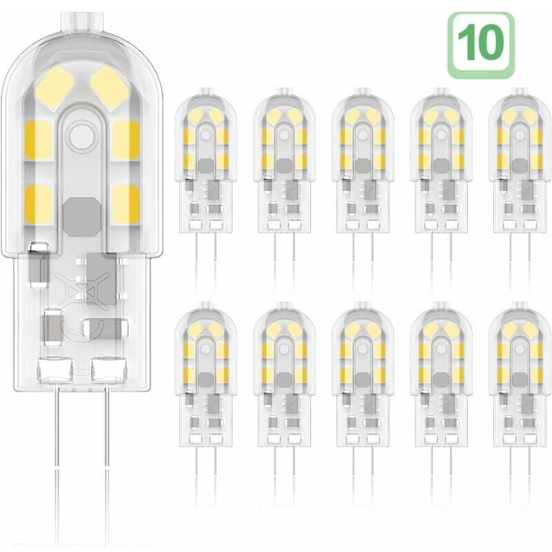 foto del prodotto set di 10 lampadine led g4 2w, equivalenti a lampadine alogene da 20w, bianco caldo 3000k, 200lm, 12x smd, 12v ac dc classe energetica a 